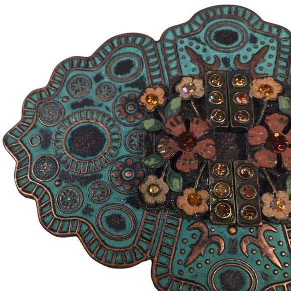 Floral Rhinestone Turquoise Colored Metal Belt Buckle - Picture 2 of 6